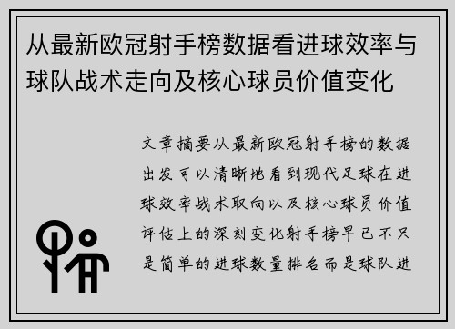 从最新欧冠射手榜数据看进球效率与球队战术走向及核心球员价值变化